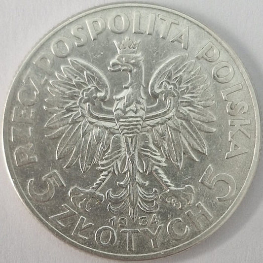 Moneta 5 złotych 1934 Polonia Głowa Kobiety stan 2