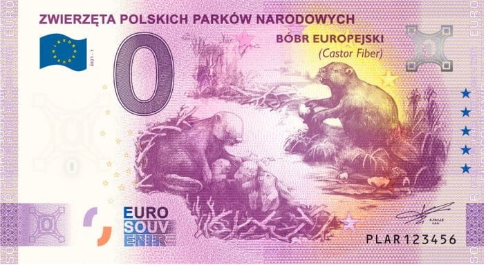 Banknot 0 euro Bóbr europejski 2021 Zwierzęta Polskich Parków Narodowych