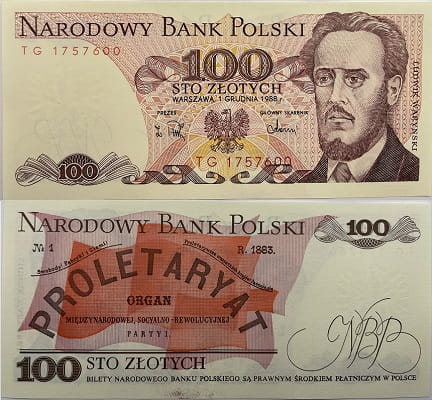 Banknot 100 zł 1988 Ludwik Waryński UNC