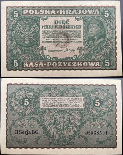 Banknot 5 marek polskich 1919 r. stan 1