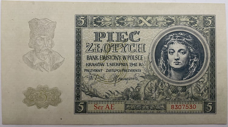 Banknot 5 złotych 1941 r.