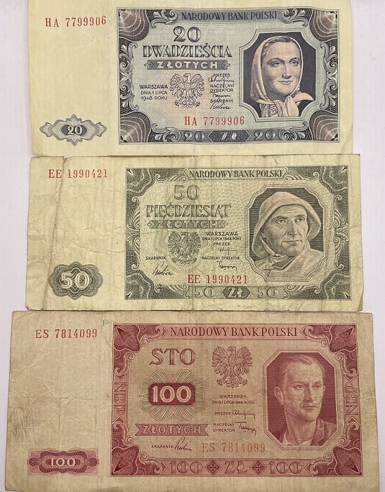 Banknoty 20 zł 50 zł 100 zł zestaw 1948
