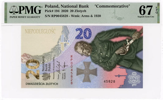 Banknot  20 zł Bitwa Warszawska 1920 2020 PMG 67 EPQ