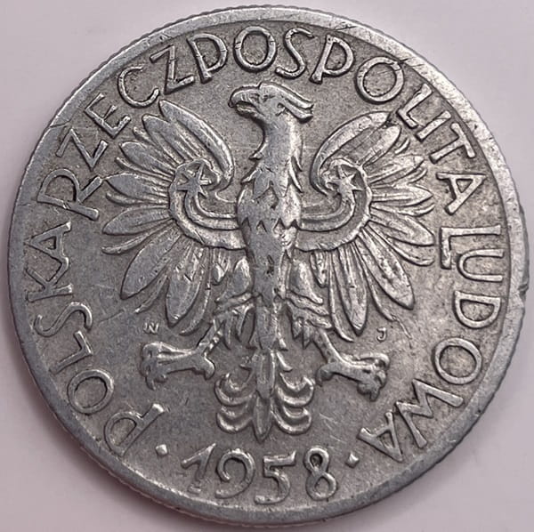 Moneta 5 zł Rybak 1958 r. stan 3 wąska "8"