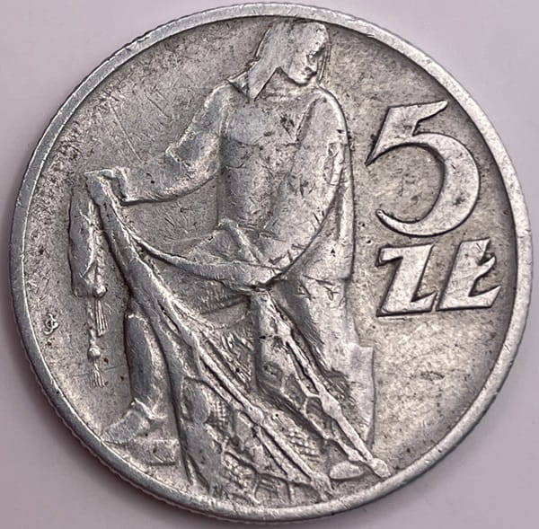 Moneta 5 zł Rybak 1958 r. stan 3 wąska "8"