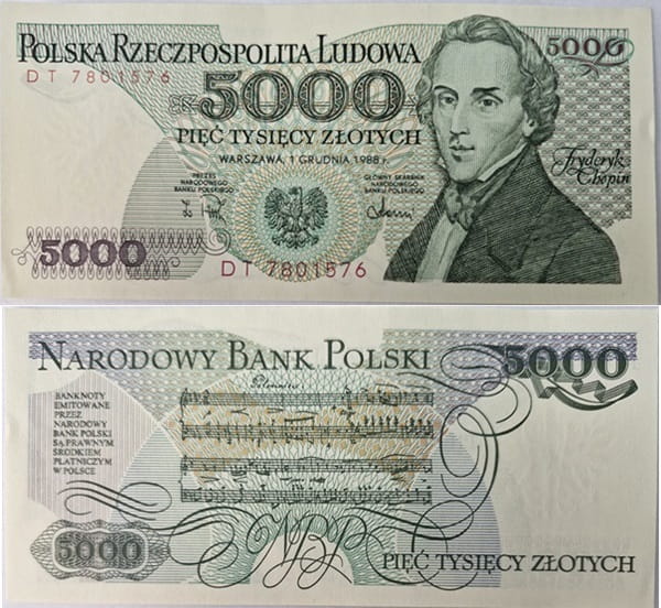 Banknot 5000 zł 1988 Fryderyk Chopin stan 1