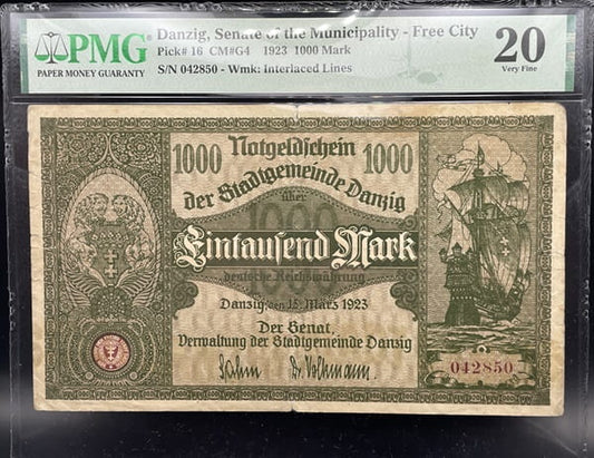 Banknot 1000 marek 1923 r. PMG 20 Wolne Miasto Gdańsk