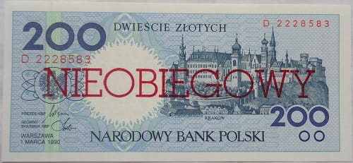 Banknot 200 złotych Kraków 1990 r. Nieobiegowy