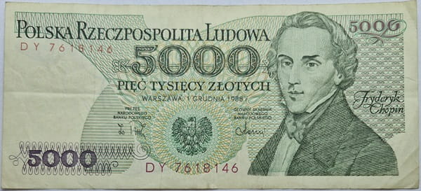 Banknot 5000 zł 1988 Fryderyk Chopin stan 3