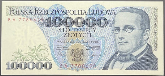 Banknot 100000 zł 1990 Moniuszko stan 1