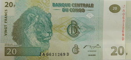 Kongo banknot  20 Franków  2003 r. UNC